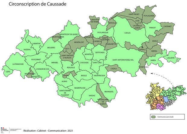 Carte de la circonscription de Caussade avec les communes qui ont une école en vert.