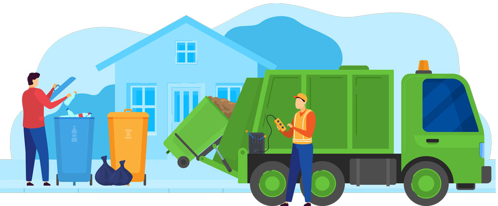 Camion poubelle avec un éboueur sur fond de ville