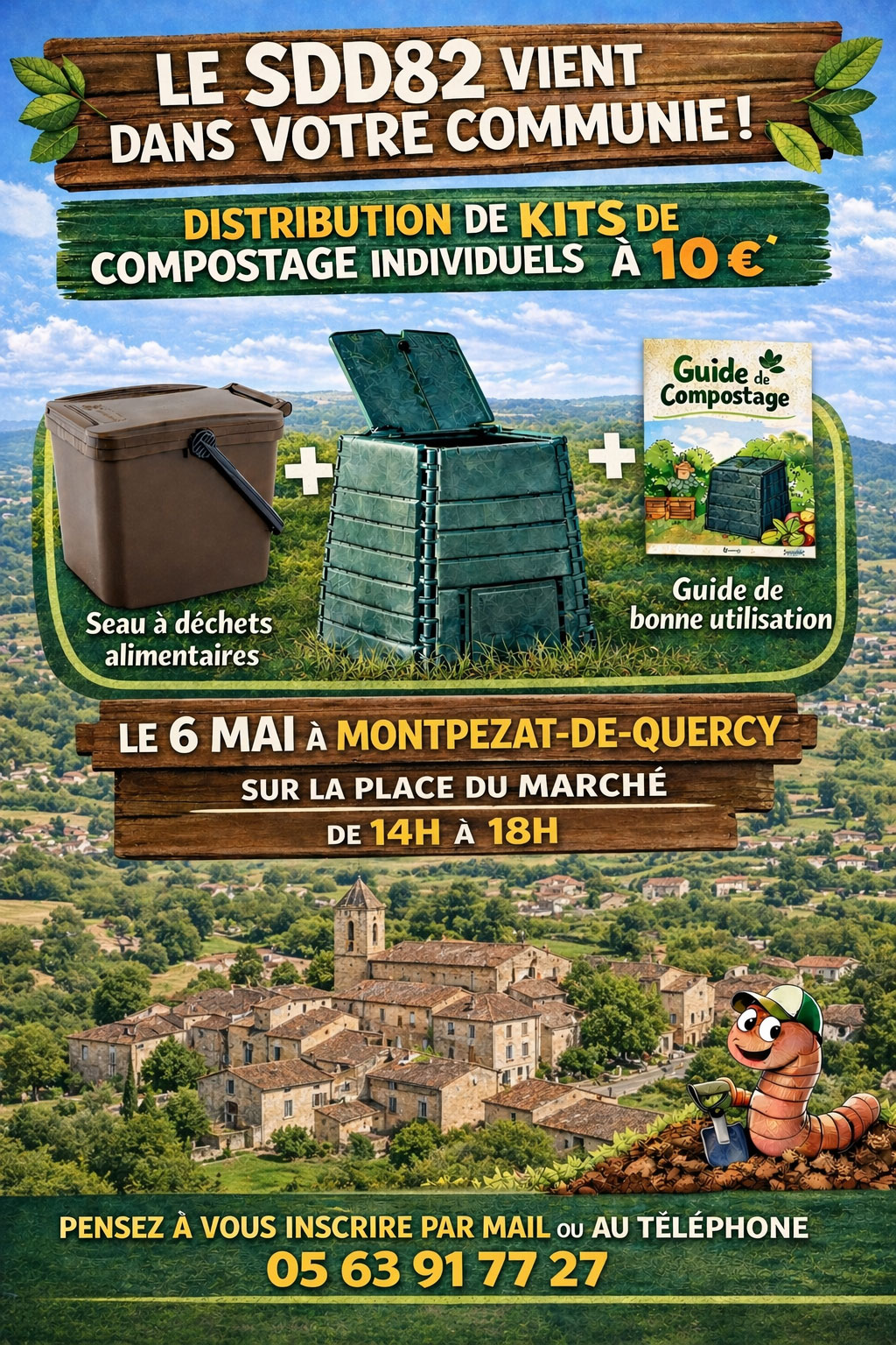 Composteur devant une vue aérienne de Montpezat