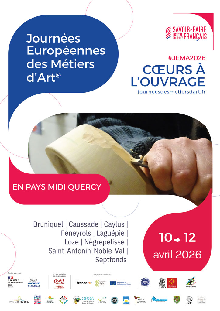 Formes bleues et rouge et photos de mains au centre