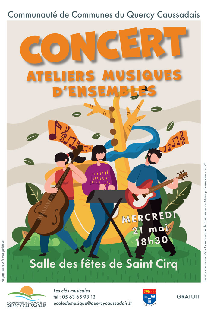 Musiciens joant de leurs instruments sur une colline avec un arbre en forme de saxophone.