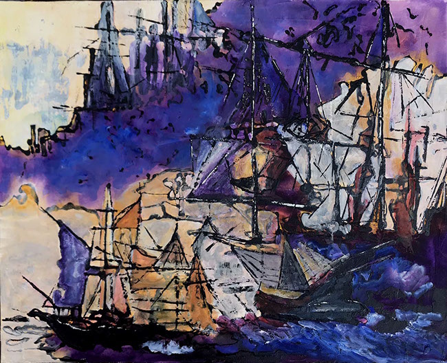 Bateau sur une mer violette, ocre et blanche