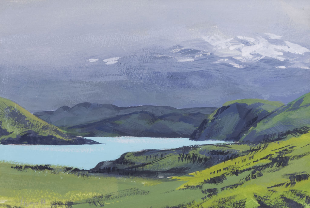 Peinture de paysage chilien avec un lac et des montagnes