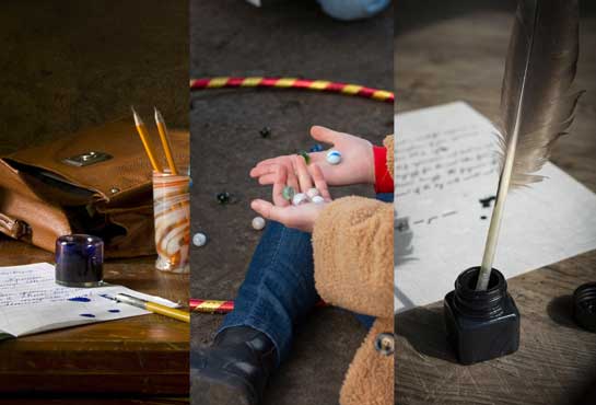 Mains d'enfants avec des billes, un plumier.