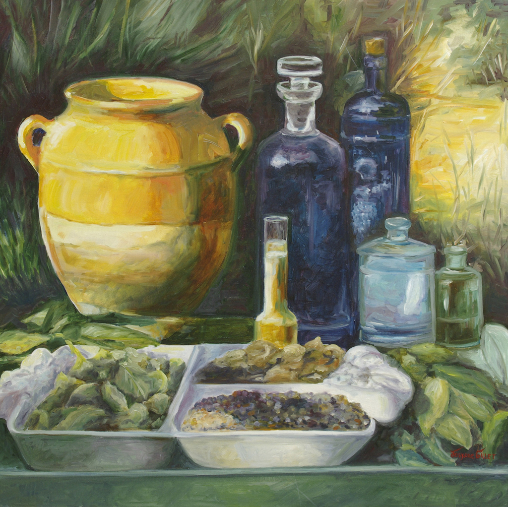 Nature morte peinte à l'huile représentant un poten terre et les reliefs d'un repas.