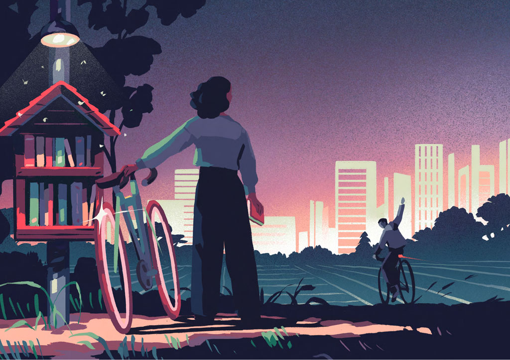 Jeune fille de dos qui tient son vélo face à une ville la nuit