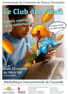 Jeune femme qui dessine sur une tablette graphique et petit monstre bleu qui en sort.