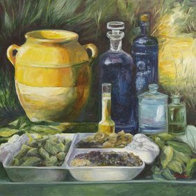 Nature morte peinte à l'huile représentant un poten terre et les reliefs d'un repas.