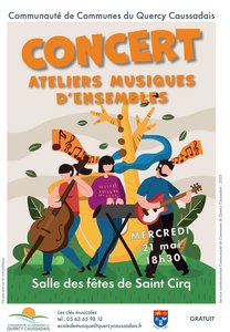 Musiciens joant de leurs instruments sur une colline avec un arbre en forme de saxophone.