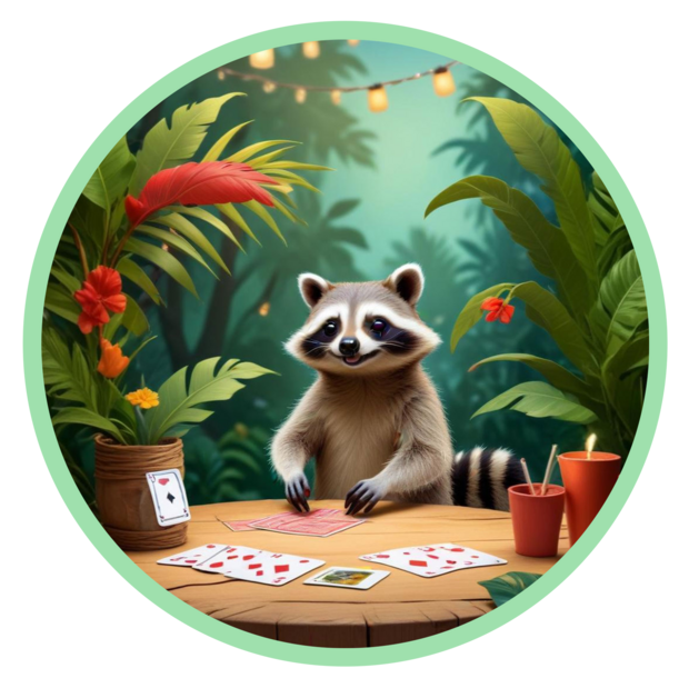 raton laveur qui joue aux cartes dans la jungle