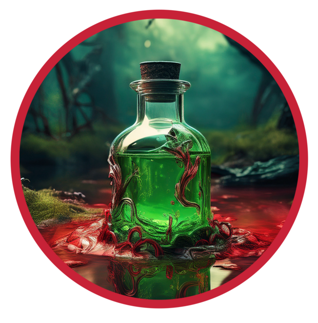 Fiole contenant un liquide vert dans une forêt la nuit