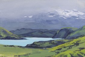 Peinture de paysage chilien avec un lac et des montagnes