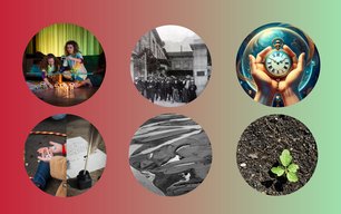 Vignettes des spectacles sur un fond rouge et vert