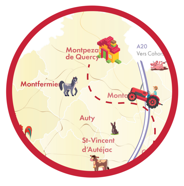 Carte avec un tracteur rouge et un cheval