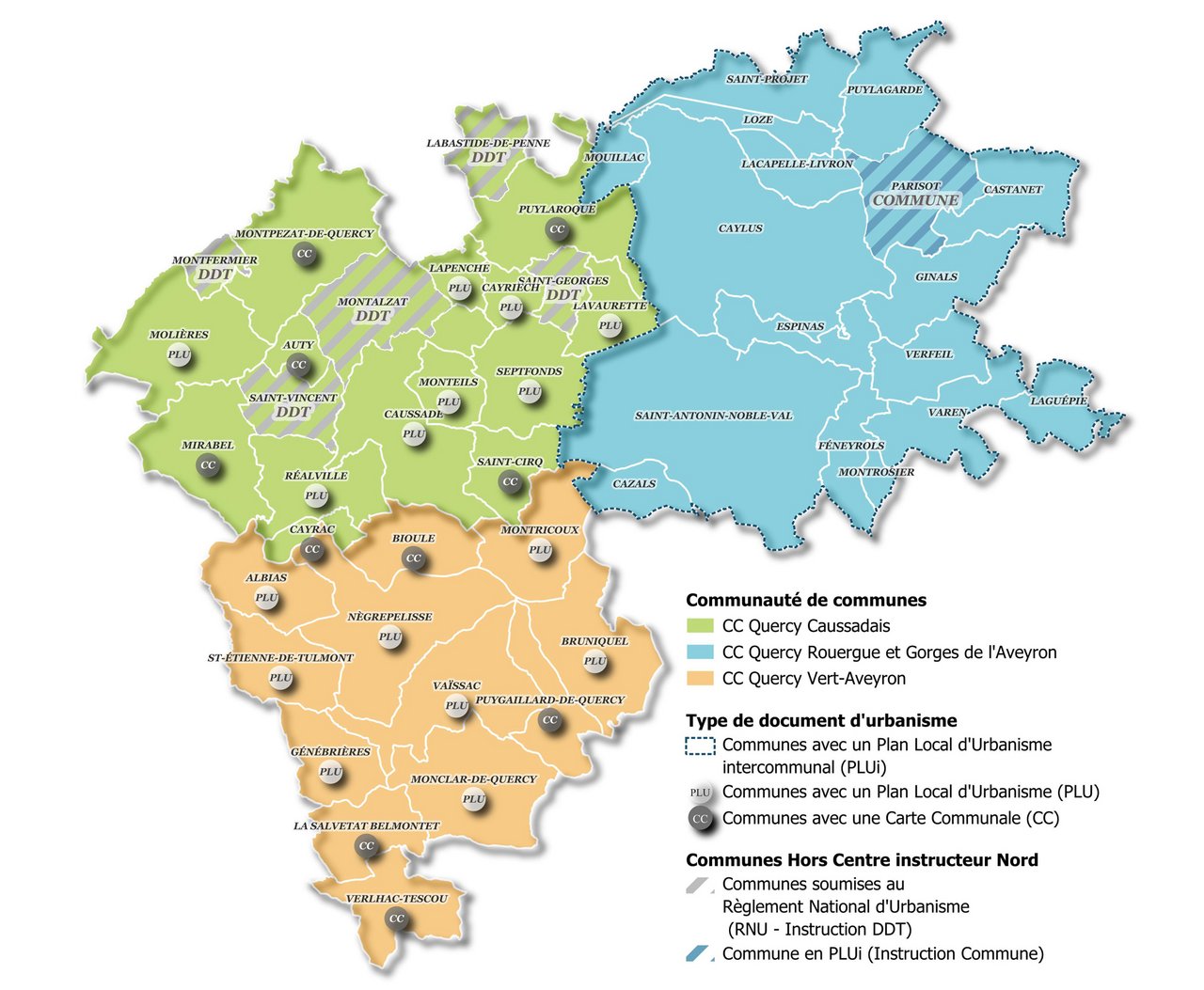 Les 3 communautés de communes sont représentées en orange, bleu et vert